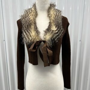 Brown Faux Fur Collar Sweater